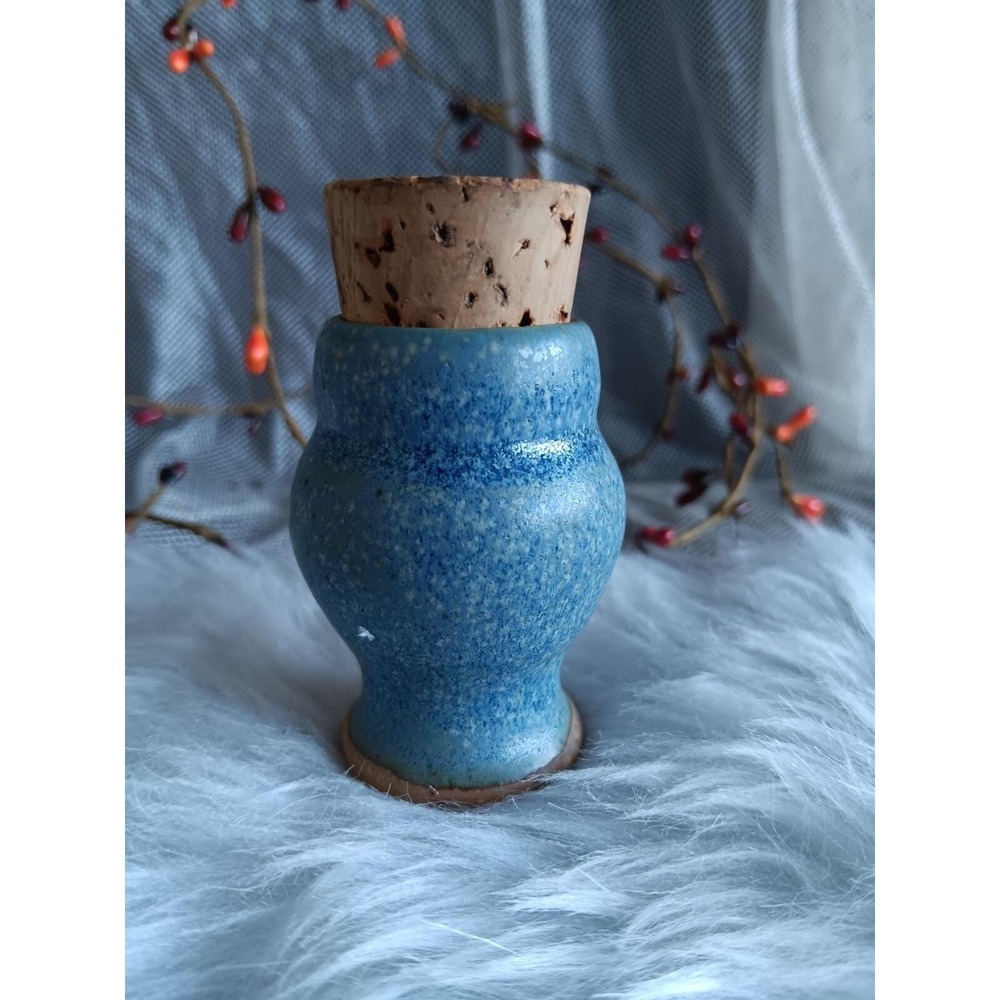Miniature Pottery/Blue Signed Vase With Cork Stopper - Picture 2 of 6